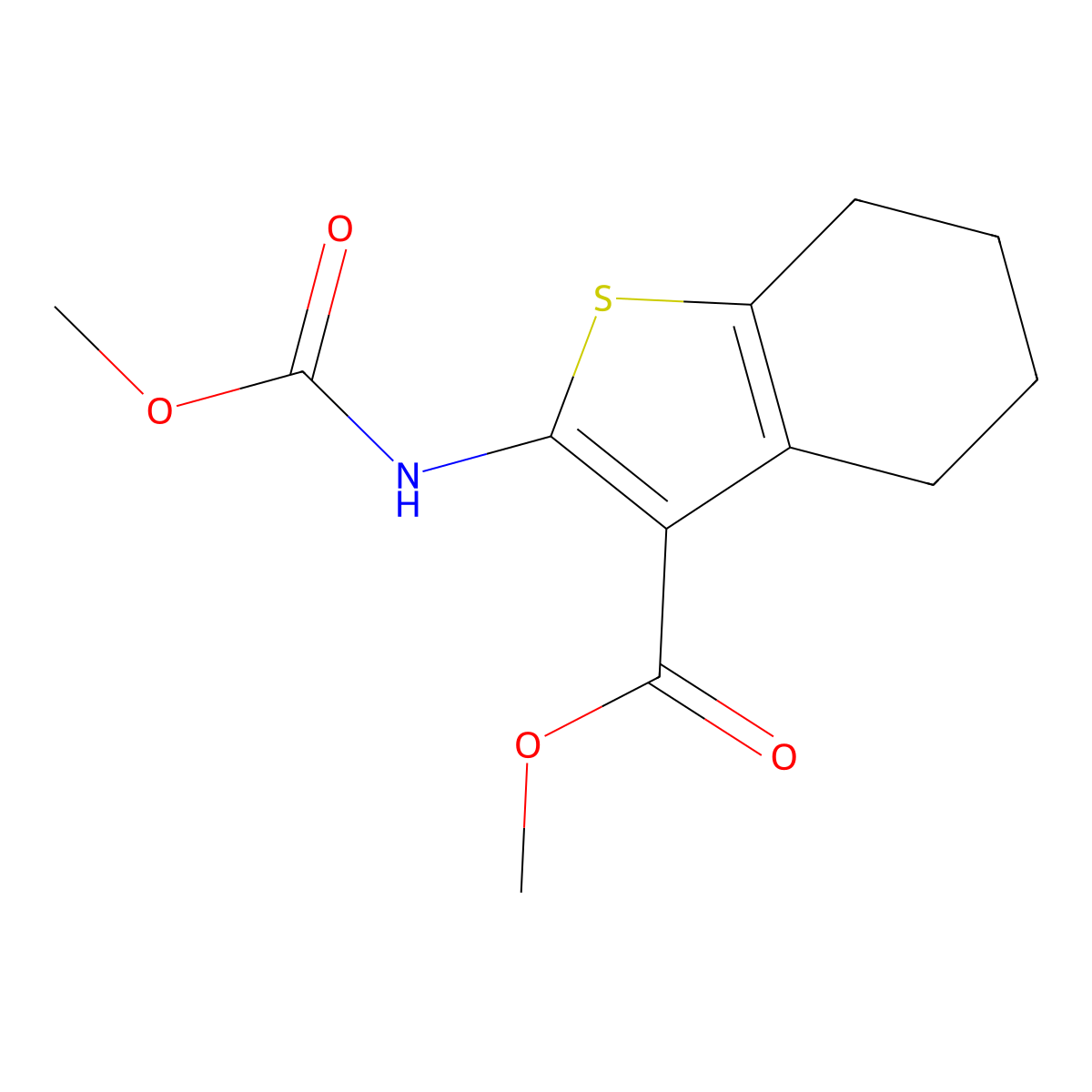 Methyl 2-(methoxycarbonylamino)-4,5,6,7-tetrahydro-1-benzothiophene-3-carboxylate molecular structure, CAS 108611-97-8