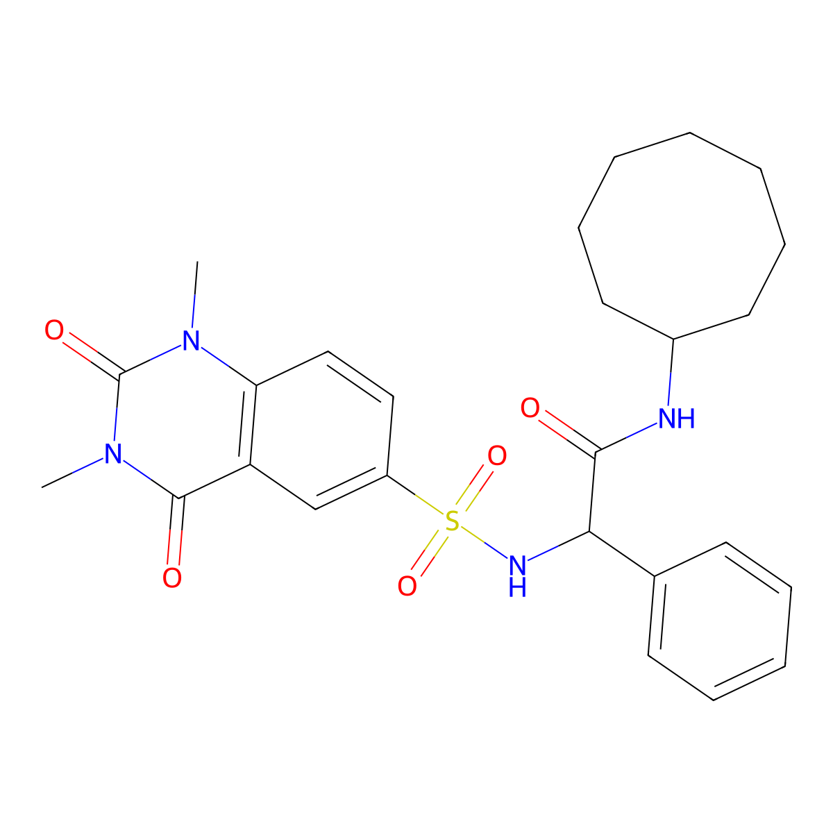 N-Cyclooctyl-2-(1,3-dimethyl-2,4-dioxo-1,2,3,4-tetrahydroquinazoline-6-sulfonamido)-2-phenylacetamide molecular structure, CAS 1086136-99-3