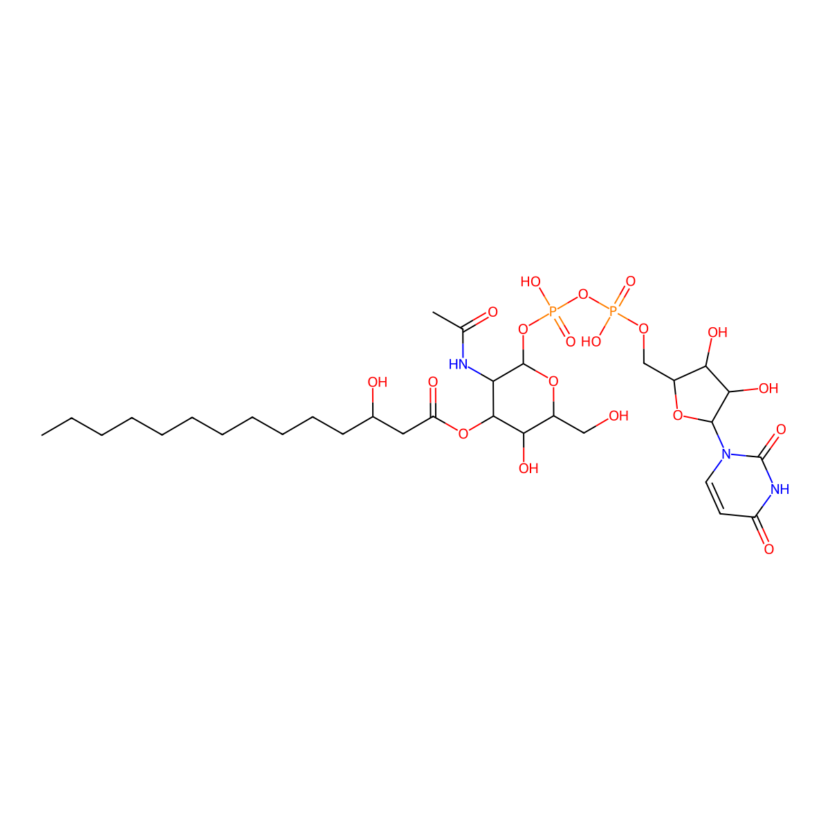 Uridine 5'-(trihydrogen diphosphate), P'-(2-(acetylamino)-2-deoxy-3-O-((3R)-3-hydroxy-1-oxotetradecyl)-alpha-D-glucopyranosyl) ester molecular structure, CAS 108636-29-9