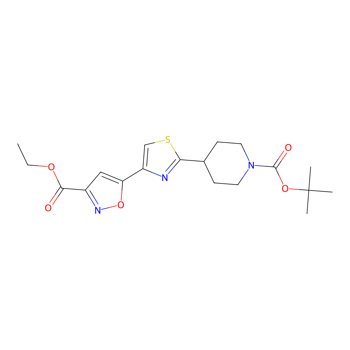 tert-Butyl 4-{4-[3-(Ethoxycarbonyl)isoxazol-5-yl]-1,3-thiazol-2-yl}piperidine-1-carboxylate molecular structure, CAS 1086375-72-5