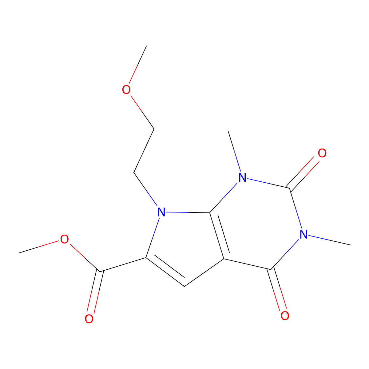 methyl 7-(2-methoxyethyl)-1,3-dimethyl-2,4-dioxo-2,3,4,7-tetrahydro-1H-pyrrolo[2,3-d]pyrimidine-6-carboxylate molecular structure, CAS 1086386-34-6