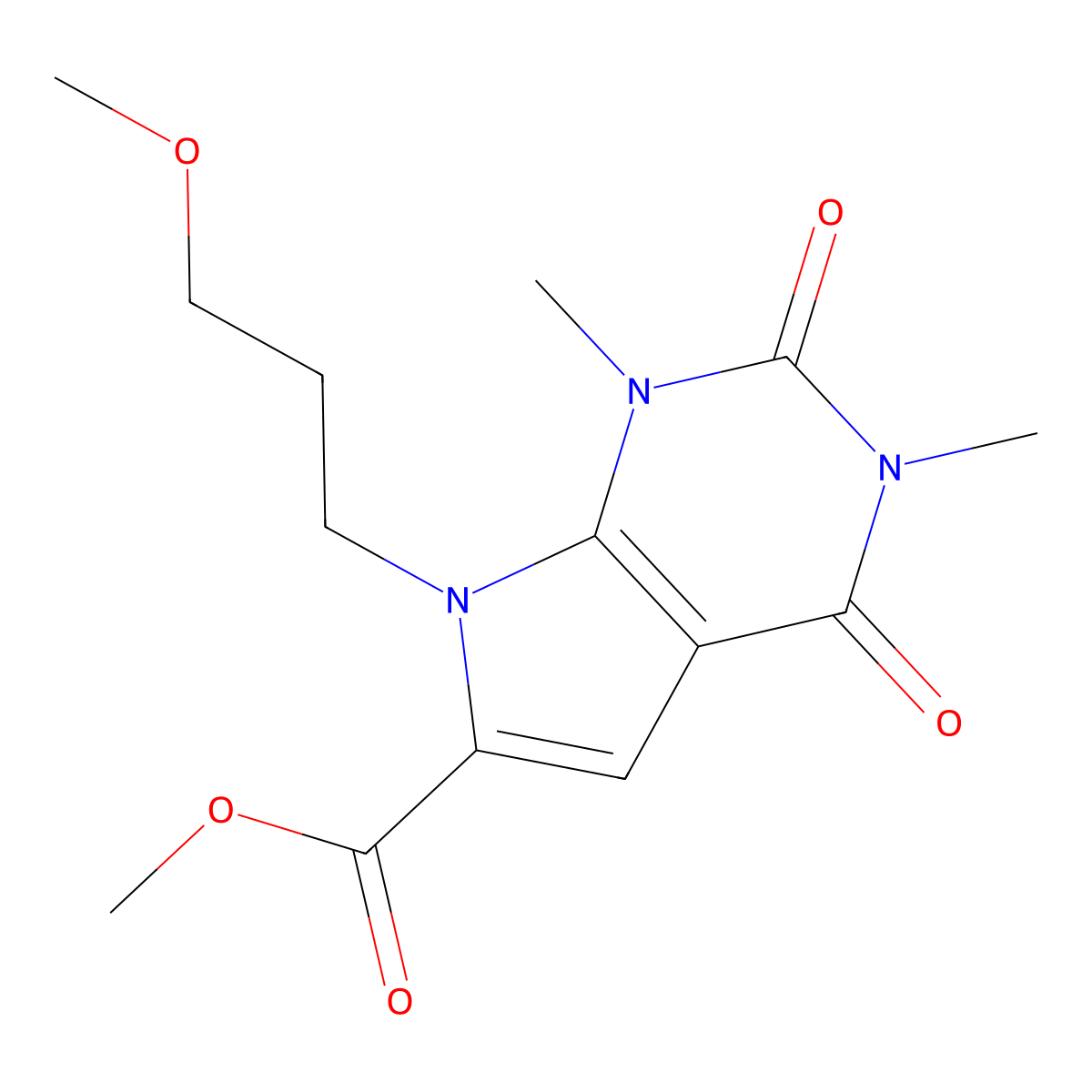 methyl 7-(3-methoxypropyl)-1,3-dimethyl-2,4-dioxo-2,3,4,7-tetrahydro-1H-pyrrolo[2,3-d]pyrimidine-6-carboxylate molecular structure, CAS 1086386-38-0