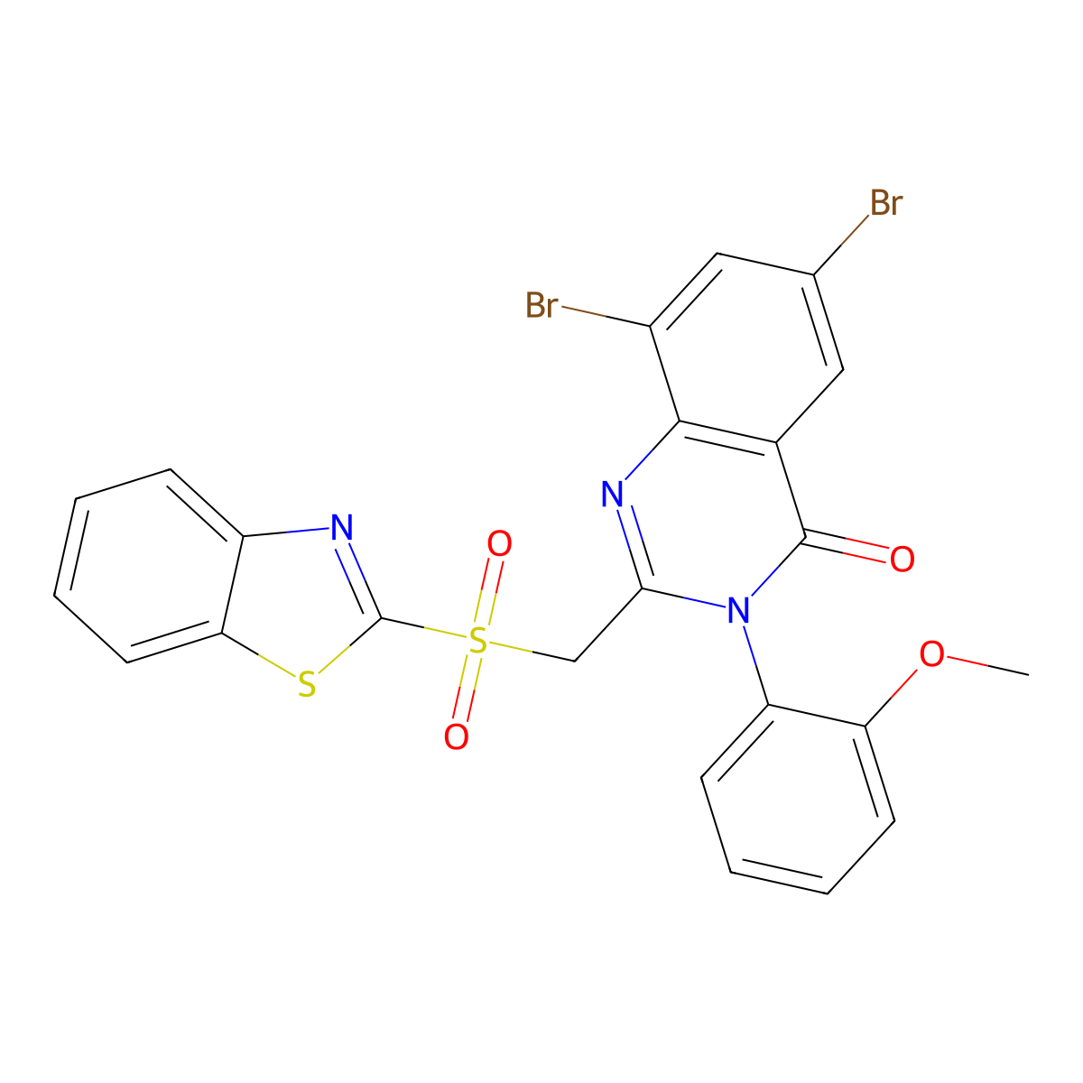 4(3H)-Quinazolinone, 2-((2-benzothiazolylsulfonyl)methyl)-6,8-dibromo-3-(2-methoxyphenyl)- molecular structure, CAS 108659-77-4
