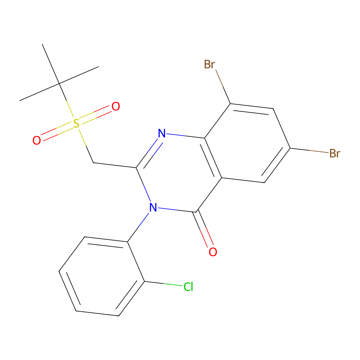 4(3H)-Quinazolinone, 6,8-dibromo-3-(2-chlorophenyl)-2-(((1,1-dimethylethyl)sulfonyl)methyl)- molecular structure, CAS 108659-79-6