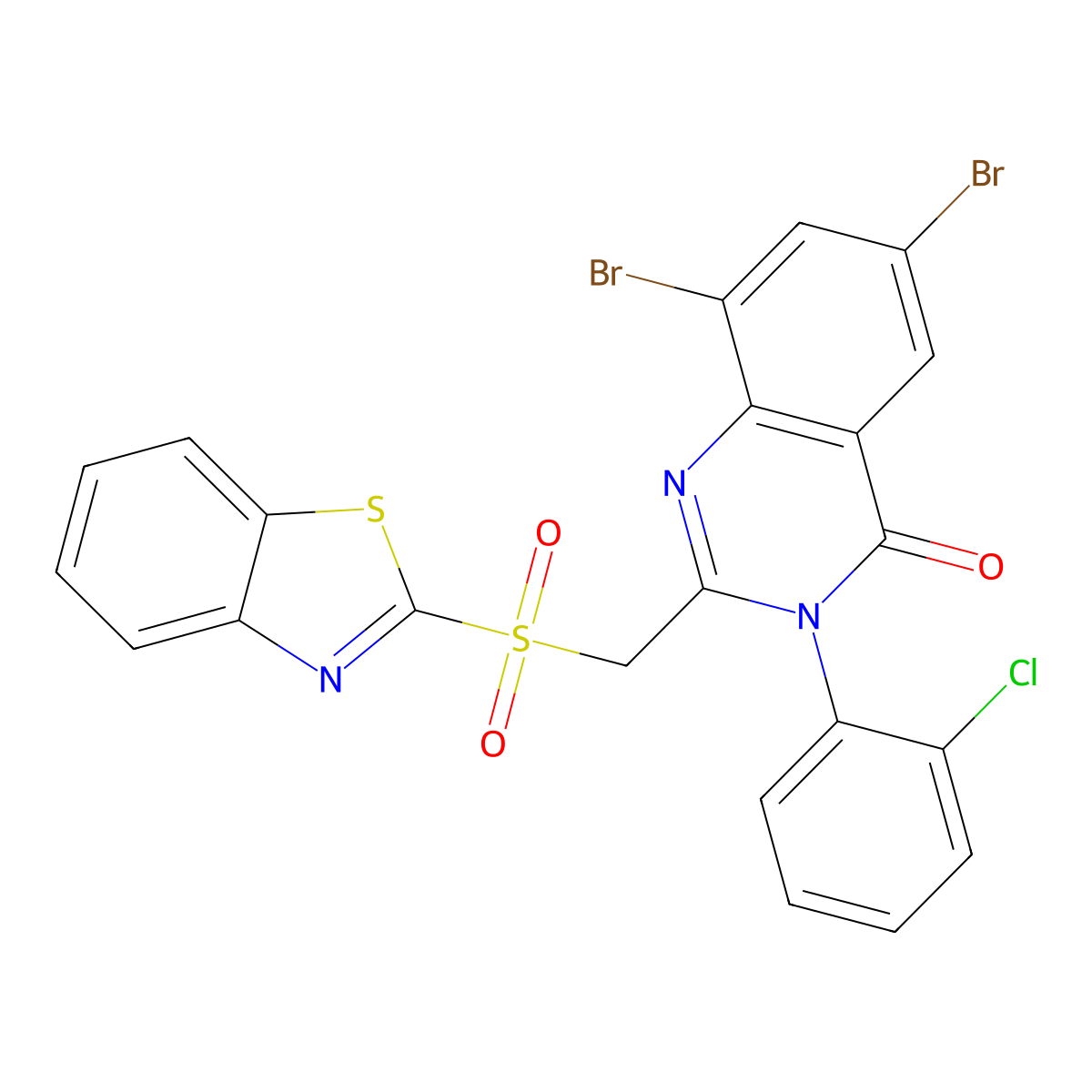 4(3H)-Quinazolinone, 2-((2-benzothiazolylsulfonyl)methyl)-6,8-dibromo-3-(2-chlorophenyl)- molecular structure, CAS 108659-82-1