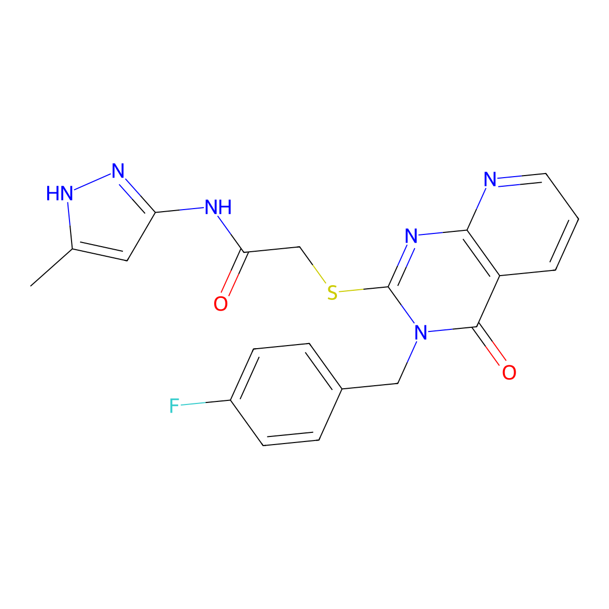 2-((3-(4-fluorobenzyl)-4-oxo-3,4-dihydropyrido[2,3-d]pyrimidin-2-yl)thio)-N-(3-methyl-1H-pyrazol-5-yl)acetamide molecular structure, CAS 1086688-93-8