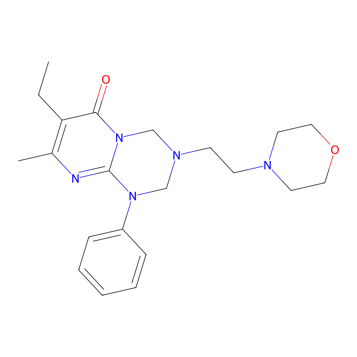 7-ethyl-8-methyl-3-(2-morpholinoethyl)-1-phenyl-1,2,3,4-tetrahydro-6H-pyrimido[1,2-a][1,3,5]triazin-6-one molecular structure, CAS 1087652-91-2