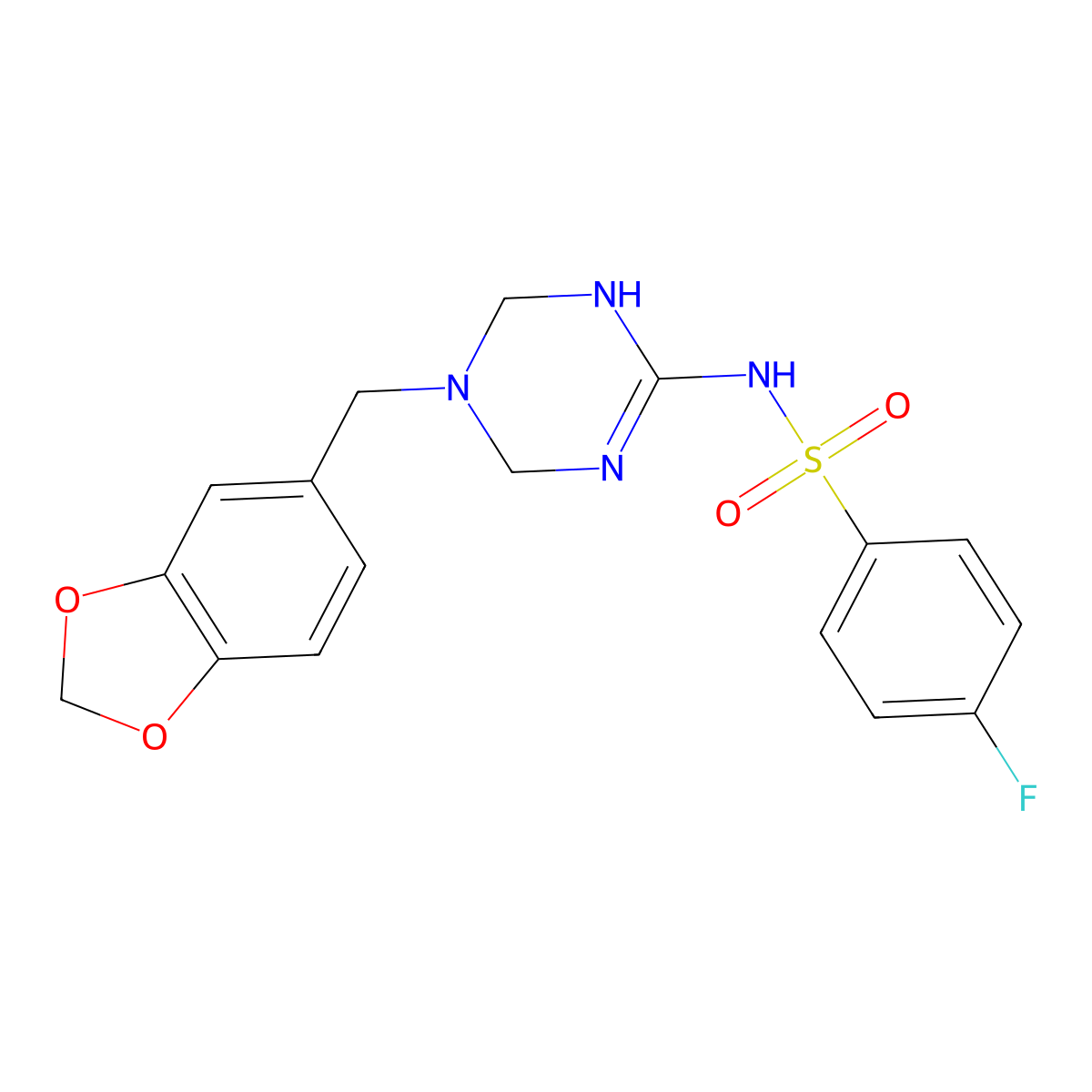 N-[5-(1,3-benzodioxol-5-ylmethyl)-1,4,5,6-tetrahydro-1,3,5-triazin-2-yl]-4-fluorobenzenesulfonamide molecular structure, CAS 1087655-73-9