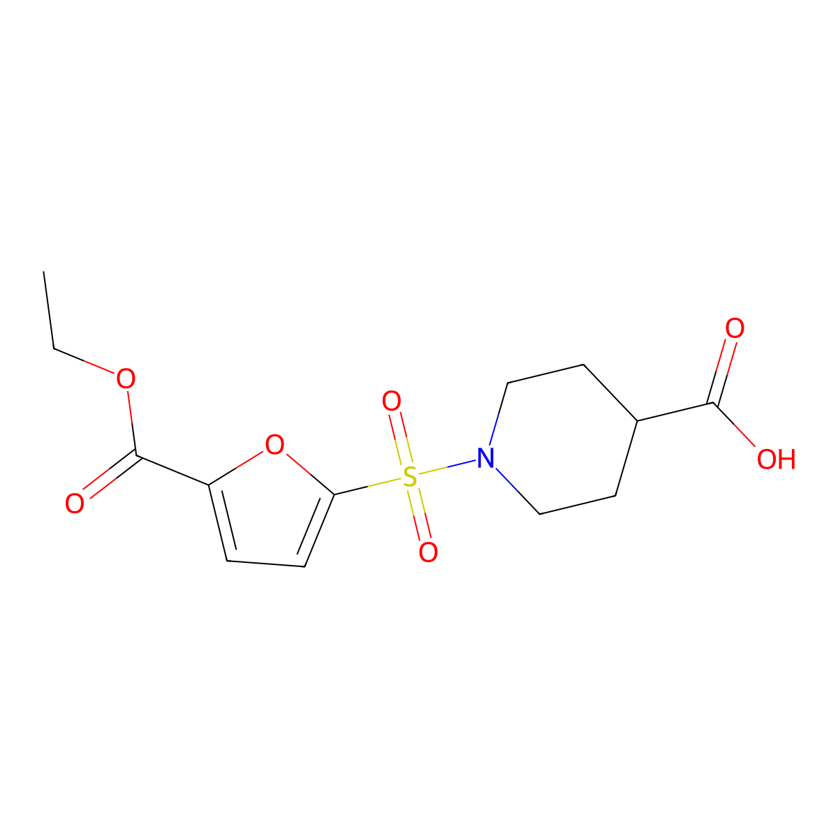 1-((5-(Ethoxycarbonyl)furan-2-yl)sulfonyl)piperidine-4-carboxylic acid molecular structure, CAS 1087784-28-8