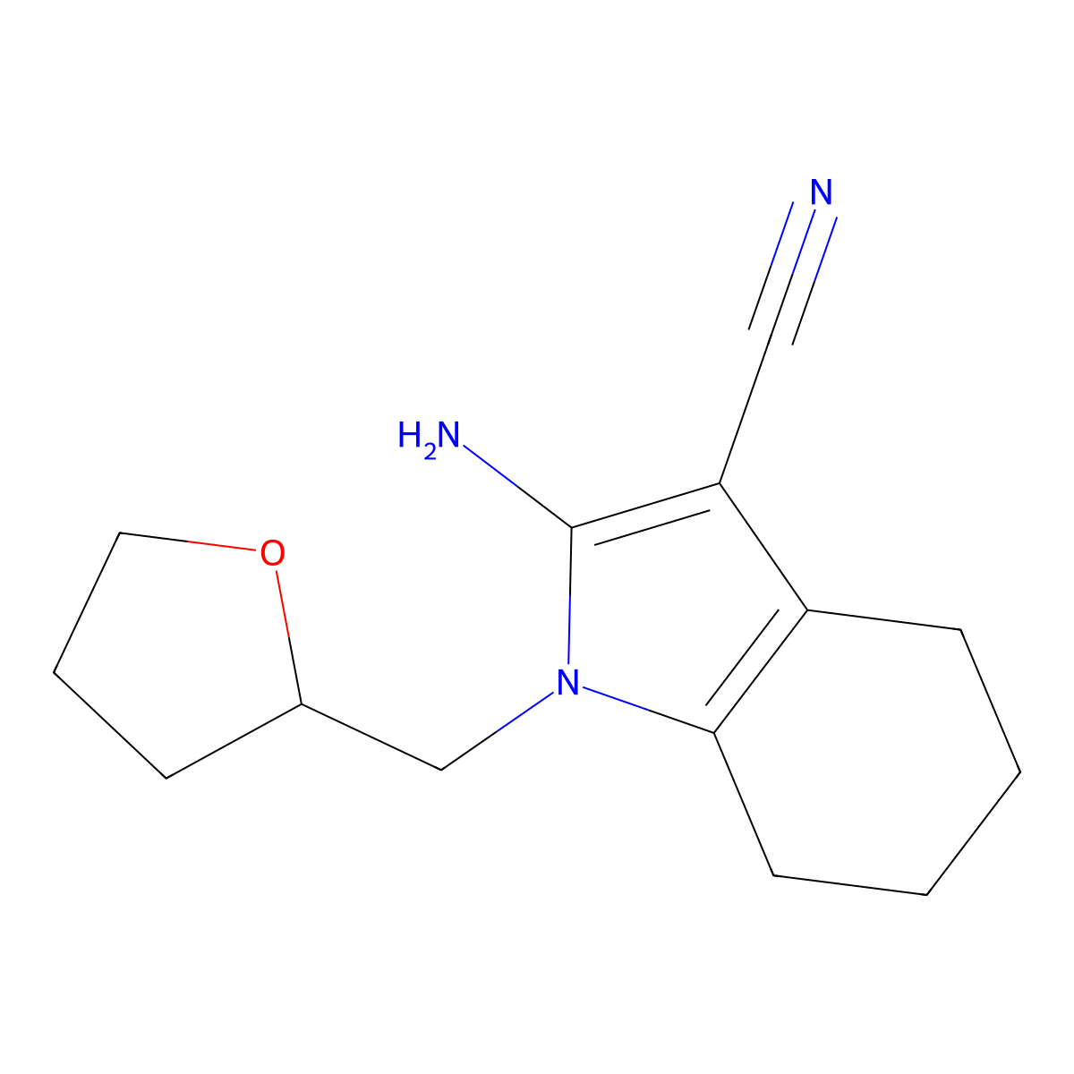 2-amino-1-[(oxolan-2-yl)methyl]-4,5,6,7-tetrahydro-1H-indole-3-carbonitrile molecular structure, CAS 1087784-34-6