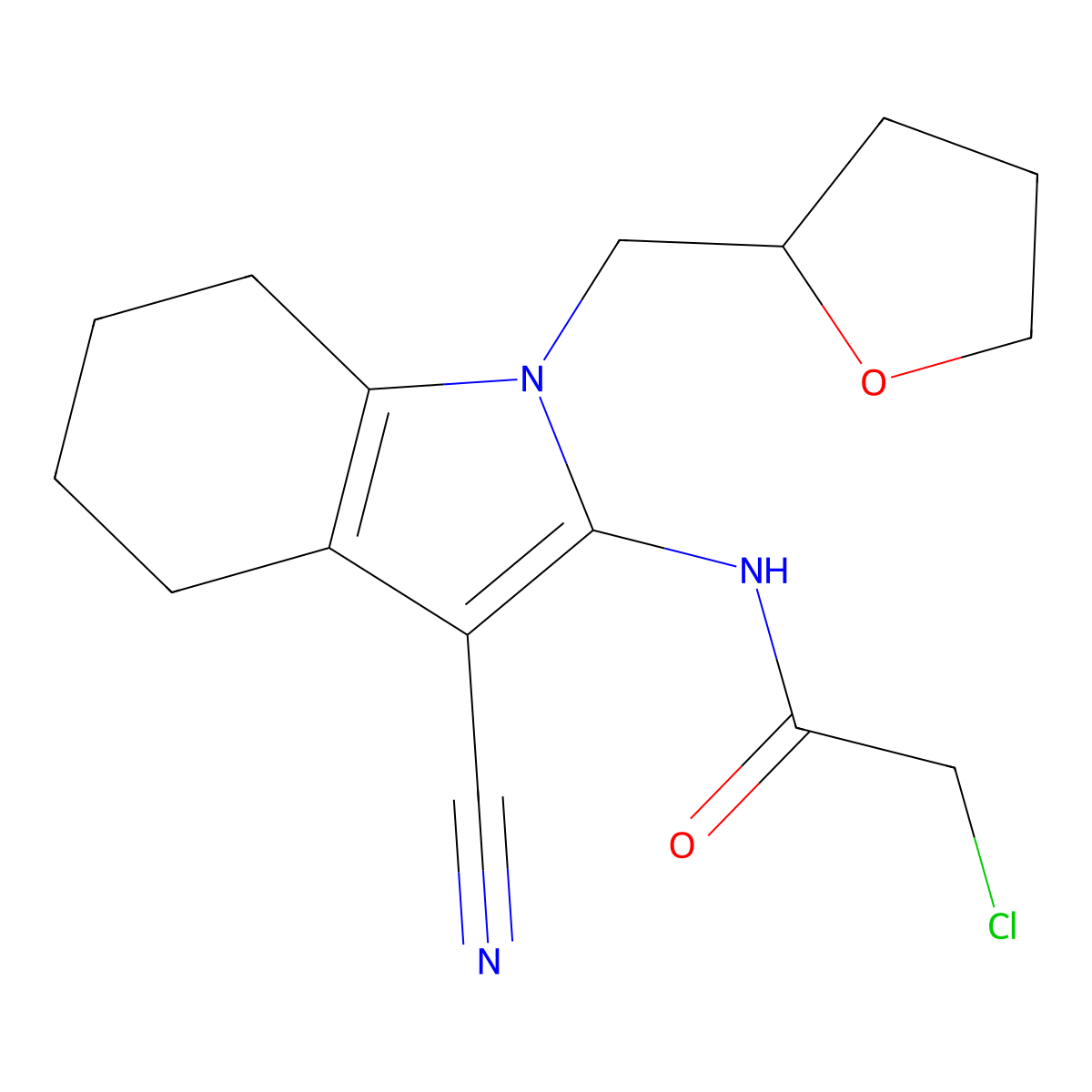 2-chloro-N-(3-cyano-1-((oxolan-2-yl)methyl)-4,5,6,7-tetrahydro-1H-indol-2-yl)acetamide molecular structure, CAS 1087784-66-4