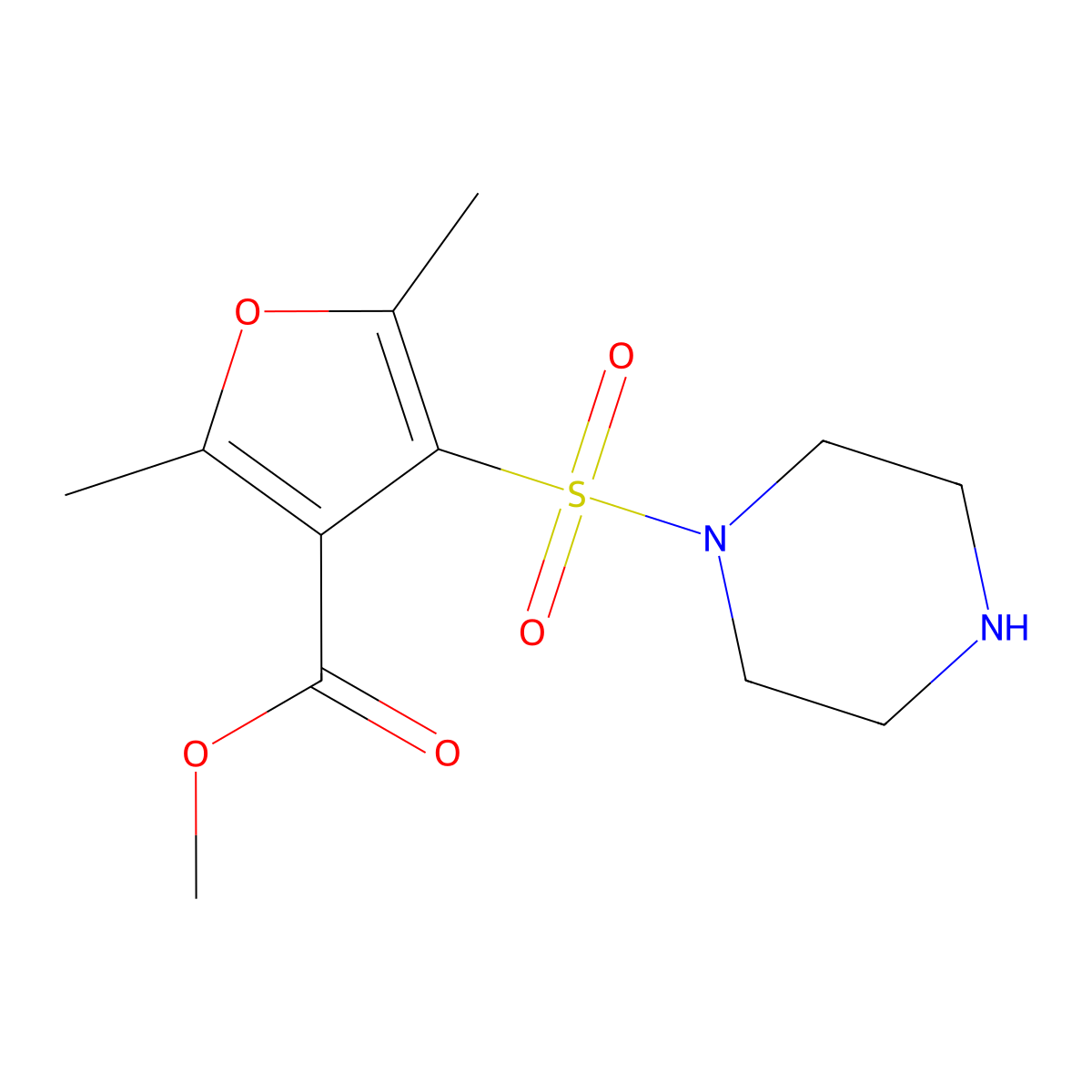 Methyl 2,5-dimethyl-4-(piperazine-1-sulfonyl)furan-3-carboxylate molecular structure, CAS 1087792-63-9