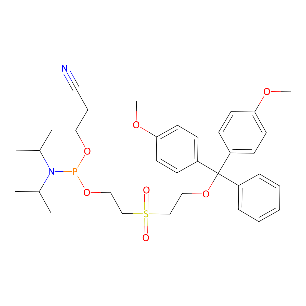 3-[2-[2-[Bis(4-methoxyphenyl)-phenylmethoxy]ethylsulfonyl]ethoxy-[di(propan-2-yl)amino]phosphanyl]oxypropanenitrile molecular structure, CAS 108783-02-4