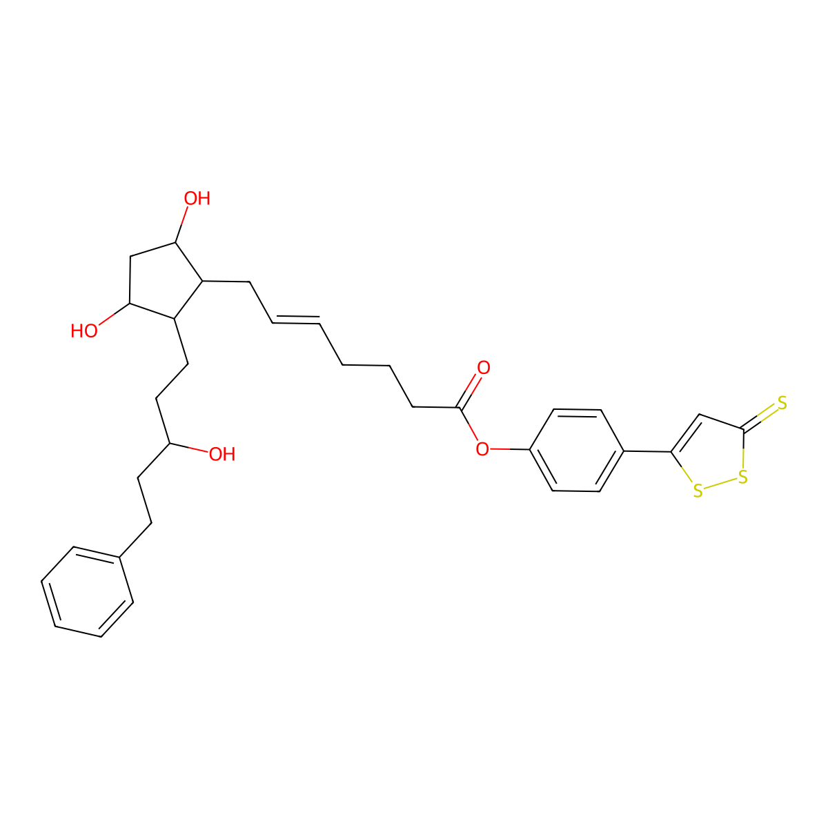5-Heptenoic acid, 7-((1R,2R,3R,5S)-3,5-dihydroxy-2-((3R)-3-hydroxy-5-phenylpentyl)cyclopentyl)-, 4-(3-thioxo-3H-1,2-dithiol-5-yl)phenyl ester, (5Z)- molecular structure, CAS 1088434-86-9