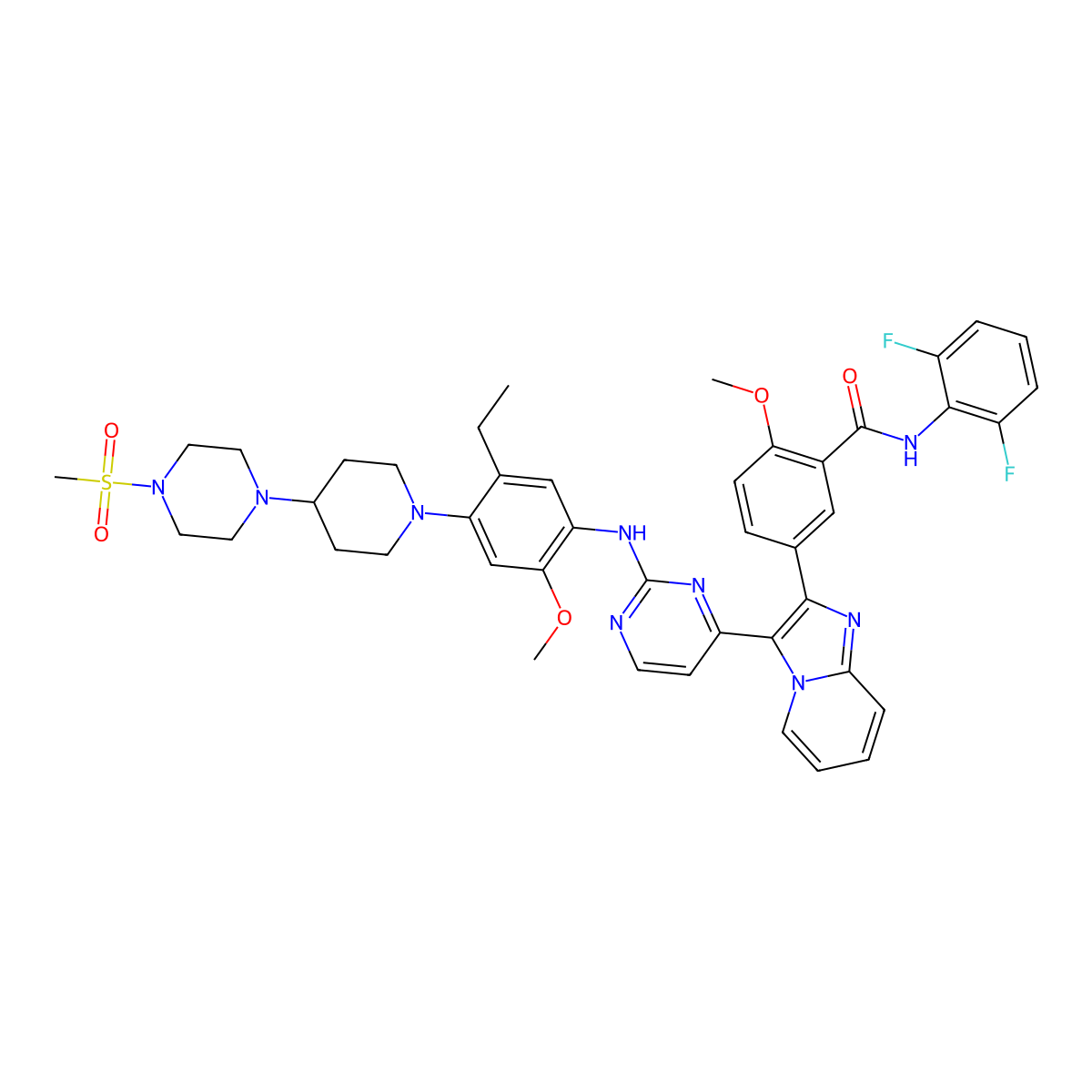 N-(2,6-Difluorophenyl)-5-(3-(2-(5-ethyl-4-(4-(4-(methanesulfonyl)piperazin-1-yl)piperidin-1-yl)-2-methoxyanilino)pyrimidin-4-yl)imidazo(1,2-a)pyridin-2-yl)-2-methoxybenzamide molecular structure, CAS 1089283-49-7