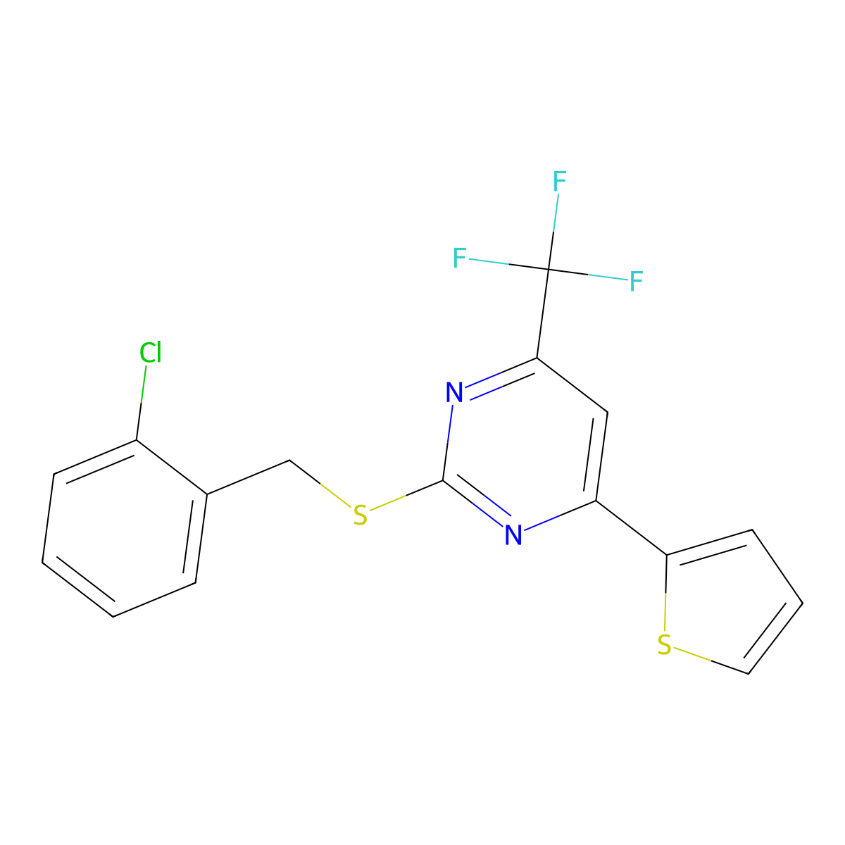 2-{[(2-Chlorophenyl)methyl]sulfanyl}-4-(thiophen-2-YL)-6-(trifluoromethyl)pyrimidine molecular structure, CAS 1089343-66-7