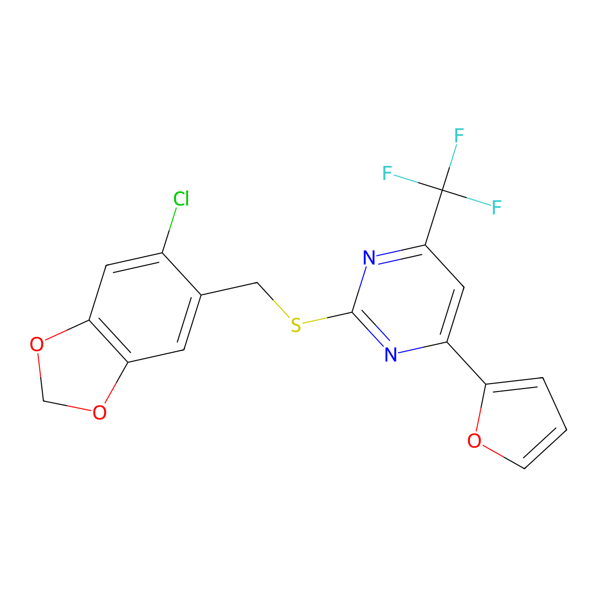 2-{[(6-Chloro-2H-1,3-benzodioxol-5-YL)methyl]sulfanyl}-4-(furan-2-YL)-6-(trifluoromethyl)pyrimidine molecular structure, CAS 1089343-68-9