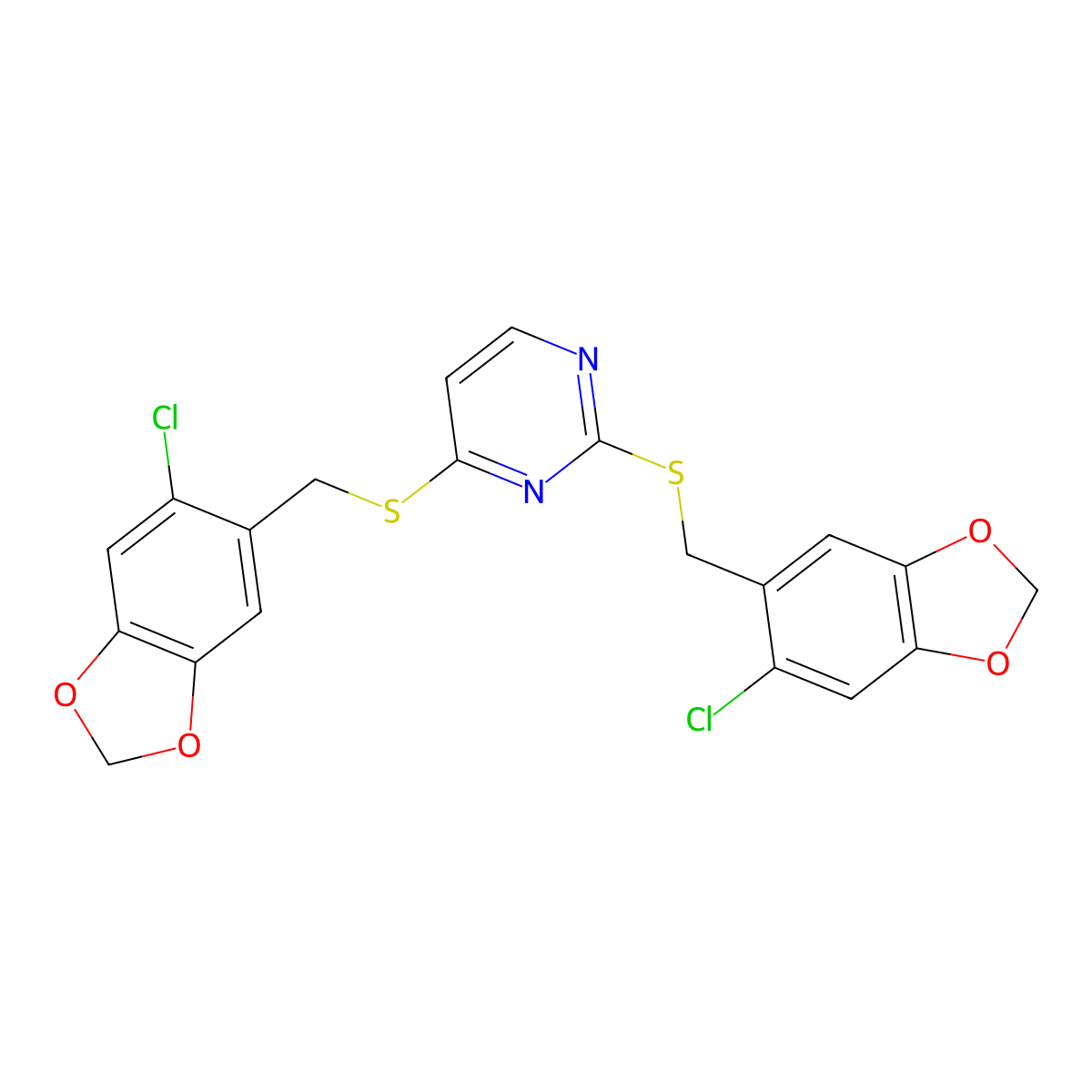 2,4-Bis({[(6-chloro-2H-1,3-benzodioxol-5-YL)methyl]sulfanyl})pyrimidine molecular structure, CAS 1089343-76-9