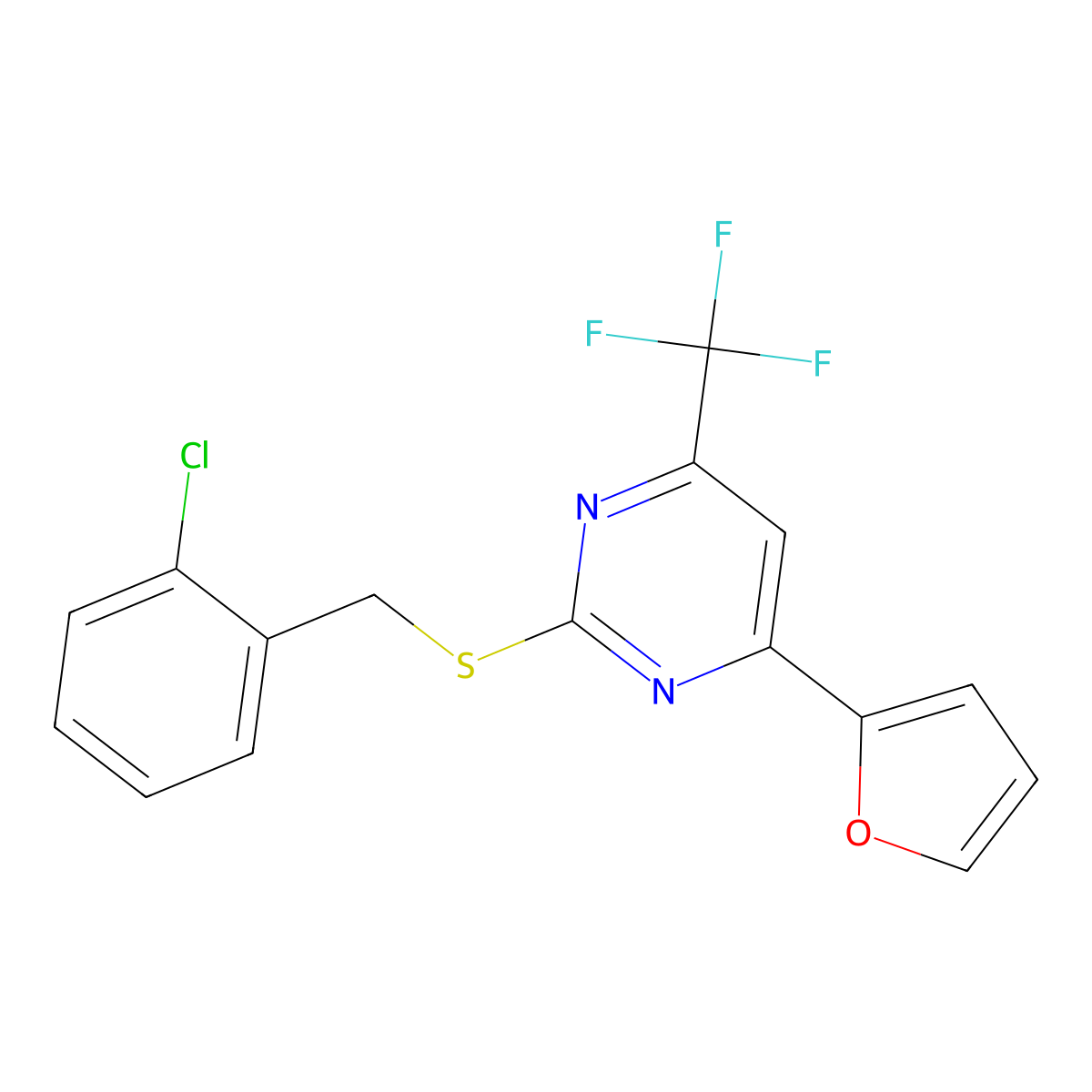 2-{[(2-Chlorophenyl)methyl]sulfanyl}-4-(furan-2-YL)-6-(trifluoromethyl)pyrimidine molecular structure, CAS 1089343-87-2