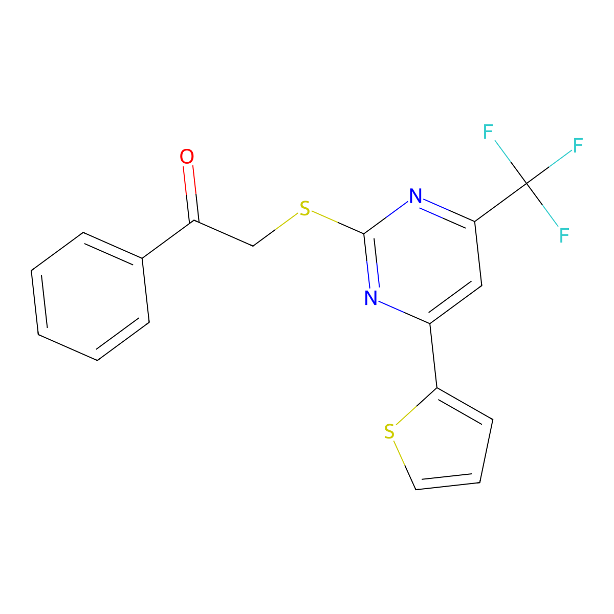 1-Phenyl-2-{[4-(thiophen-2-yl)-6-(trifluoromethyl)pyrimidin-2-yl]sulfanyl}ethan-1-one molecular structure, CAS 1089343-93-0