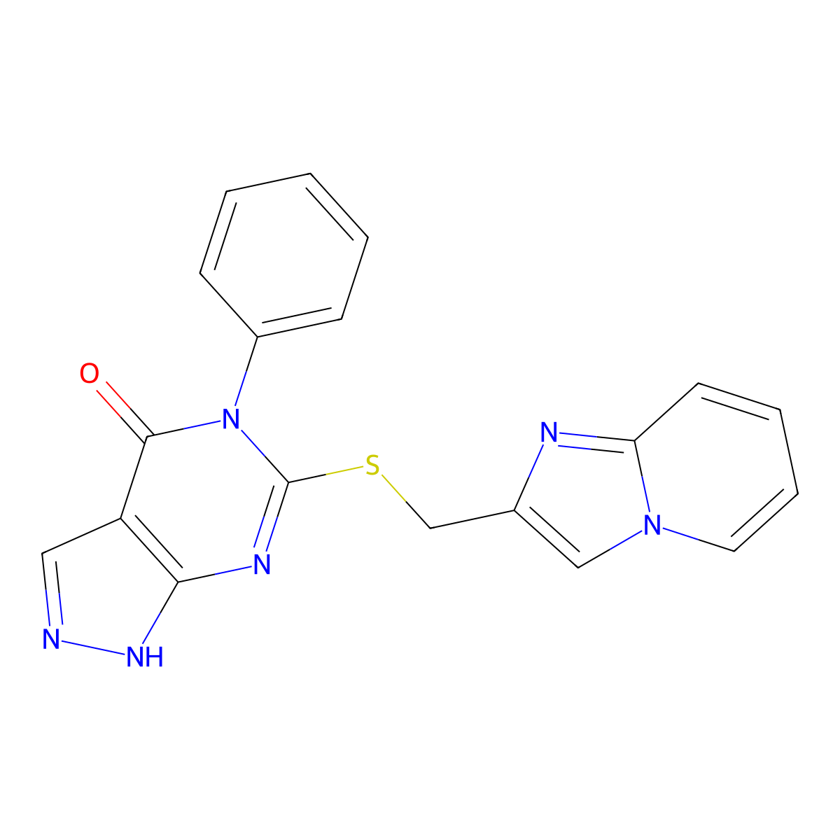 6-[({imidazo[1,2-a]pyridin-2-yl}methyl)sulfanyl]-5-phenyl-1H,4H,5H-pyrazolo[3,4-d]pyrimidin-4-one molecular structure, CAS 1089344-08-0