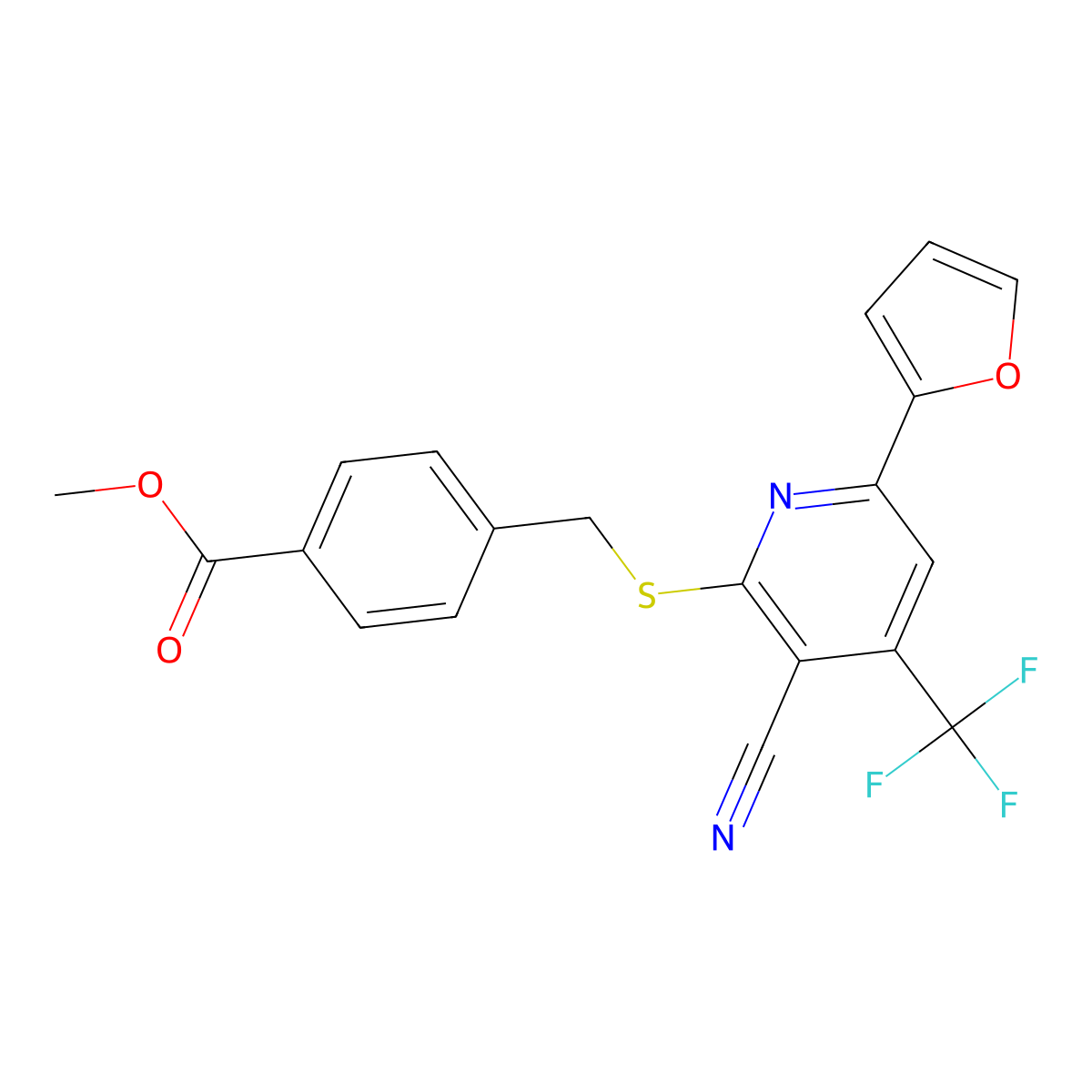 Methyl 4-({[3-cyano-6-(furan-2-yl)-4-(trifluoromethyl)pyridin-2-yl]sulfanyl}methyl)benzoate molecular structure, CAS 1089344-15-9