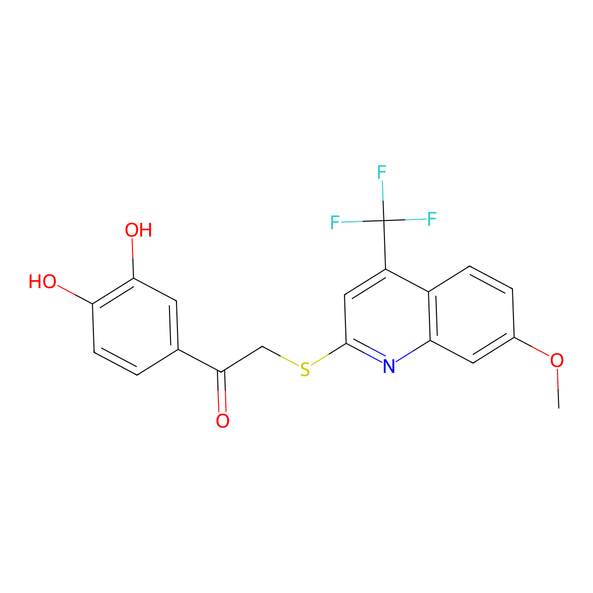 1-(3,4-Dihydroxyphenyl)-2-{[7-methoxy-4-(trifluoromethyl)quinolin-2-yl]sulfanyl}ethan-1-one molecular structure, CAS 1089344-18-2