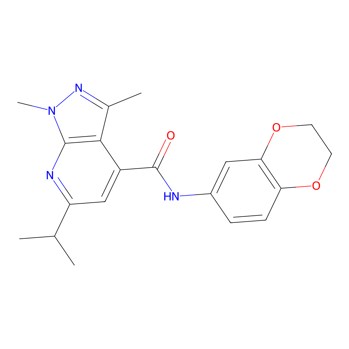 N-(2,3-dihydro-1,4-benzodioxin-6-yl)-1,3-dimethyl-6-(propan-2-yl)-1H-pyrazolo[3,4-b]pyridine-4-carboxamide molecular structure, CAS 1089594-09-1