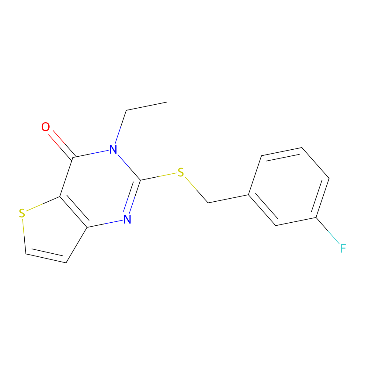 3-ethyl-2-((3-fluorobenzyl)thio)thieno[3,2-d]pyrimidin-4(3H)-one molecular structure, CAS 1089618-38-1