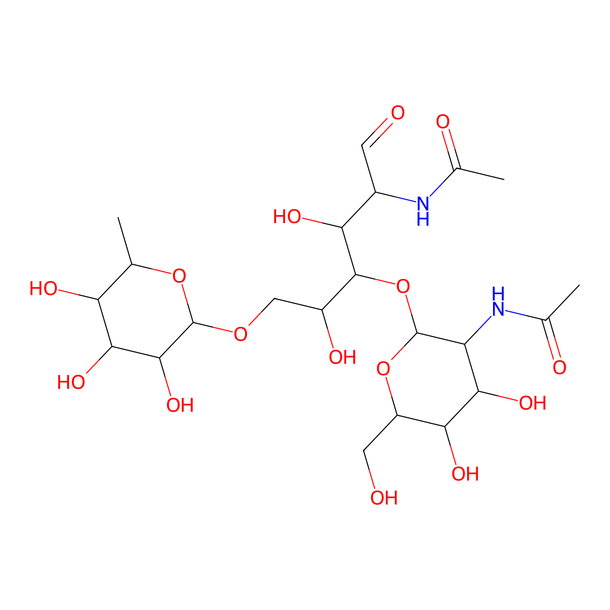 O-2-(Acetylamino)-2-deoxy-|A-D-glucopyranosyl-(1 inverted exclamation marku4)-O-[6-deoxy-|A-L-galactopyranosyl-(1 inverted exclamation marku6)]-2-(acetylamino)-2-deoxy-D-glucose molecular structure, CAS 108964-40-5