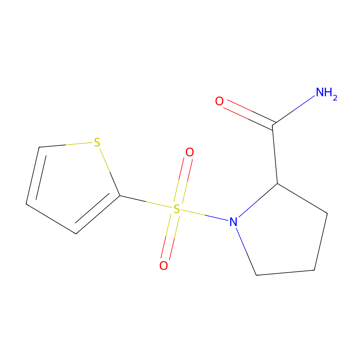 (2S)-1-(thiophene-2-sulfonyl)pyrrolidine-2-carboxamide molecular structure, CAS 1089663-51-3