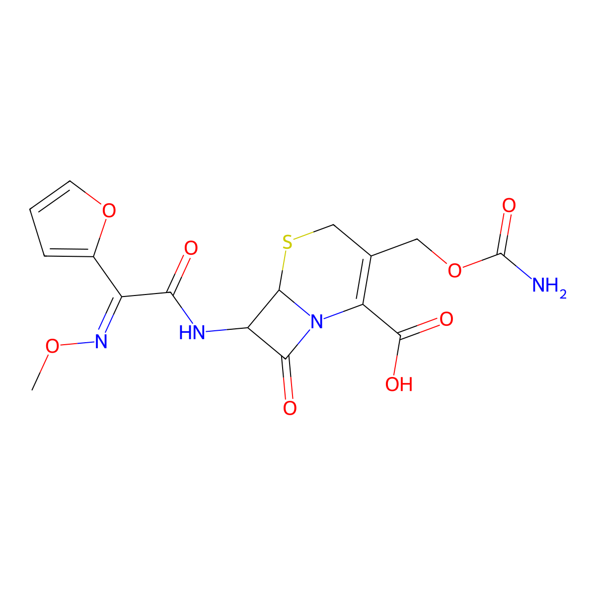 3-(Carbamoyloxymethyl)-7-[[2-(2-furanyl)-2-methoxyimino-1-oxoethyl]amino]-8-oxo-5-thia-1-azabicyclo[4.2.0]oct-2-ene-2-carboxylic acid molecular structure, CAS 1089673-09-5