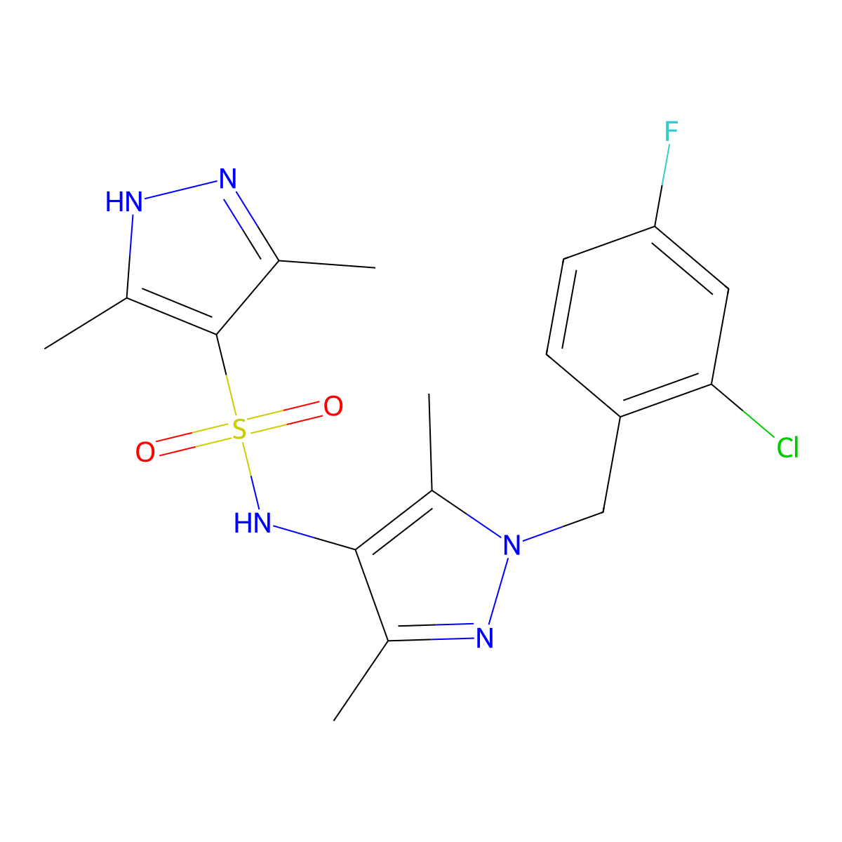 N-[1-(2-chloro-4-fluorobenzyl)-3,5-dimethyl-1H-pyrazol-4-yl]-3,5-dimethyl-1H-pyrazole-4-sulfonamide molecular structure, CAS 1089724-10-6