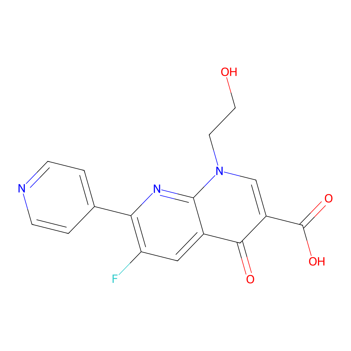 6-Fluoro-1-(2-hydroxyethyl)-4-oxo-7-(pyridin-4-yl)-1,4-dihydro-1,8-naphthyridine-3-carboxylic acid molecular structure, CAS 109034-04-0