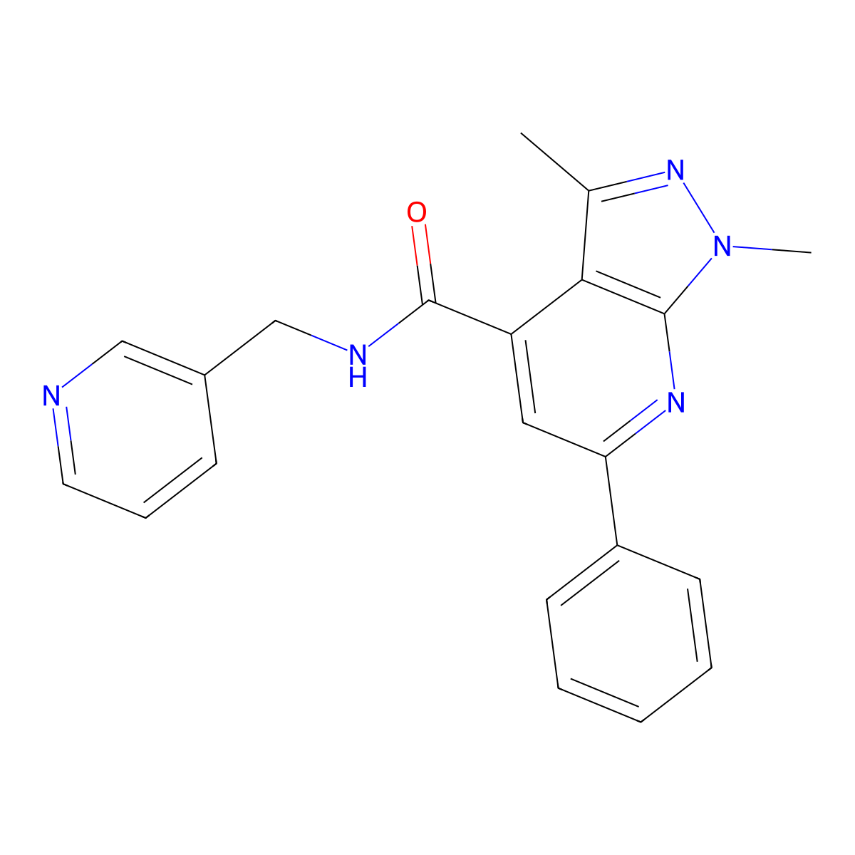 1,3-dimethyl-6-phenyl-N-(pyridin-3-ylmethyl)-1H-pyrazolo[3,4-b]pyridine-4-carboxamide molecular structure, CAS 1090358-96-5