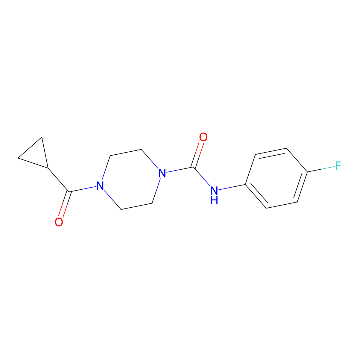 4-Cyclopropanecarbonyl-N-(4-fluorophenyl)piperazine-1-carboxamide molecular structure, CAS 1090423-32-7