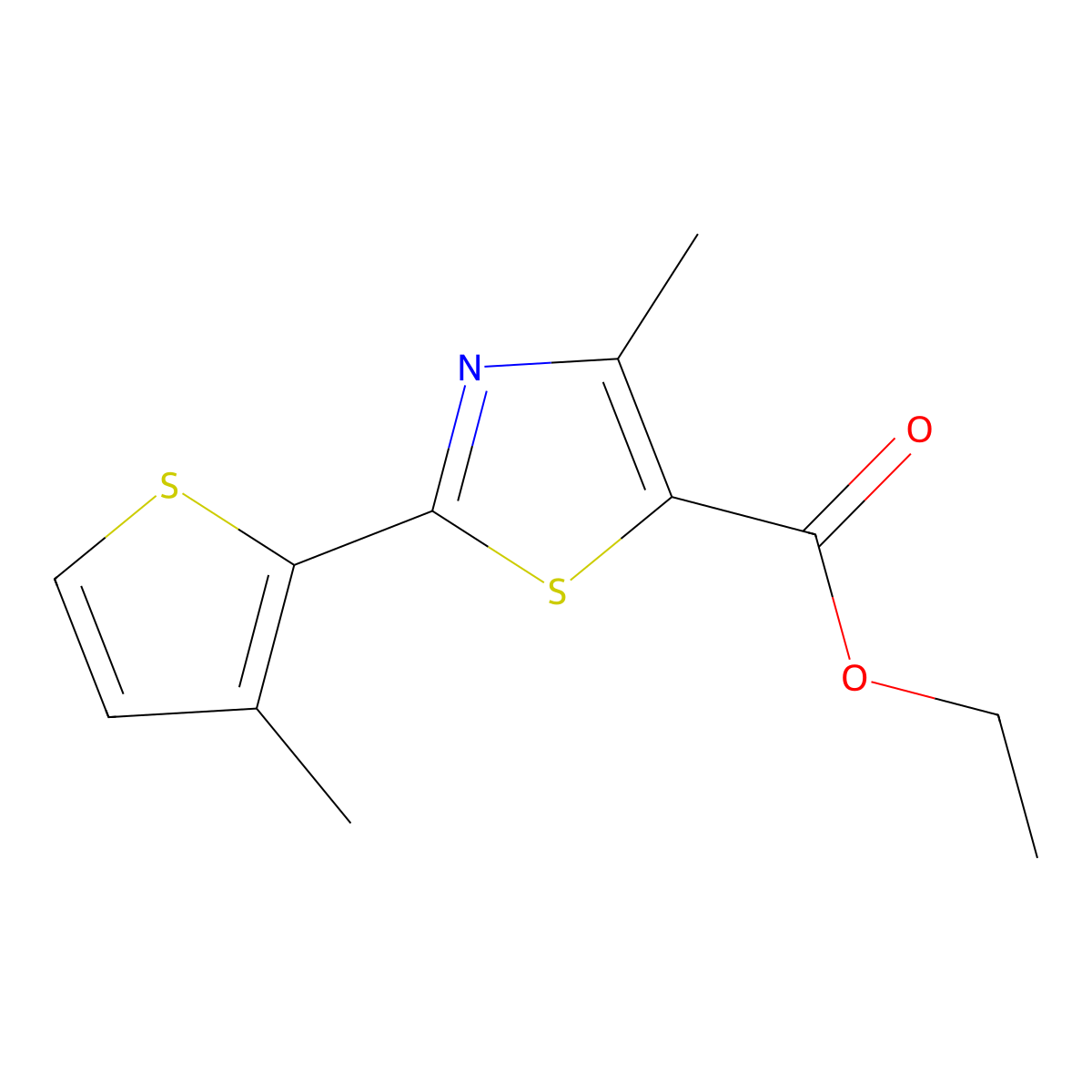 Ethyl 4-methyl-2-(3-methylthiophen-2-yl)-1,3-thiazole-5-carboxylate molecular structure, CAS 1090529-47-7