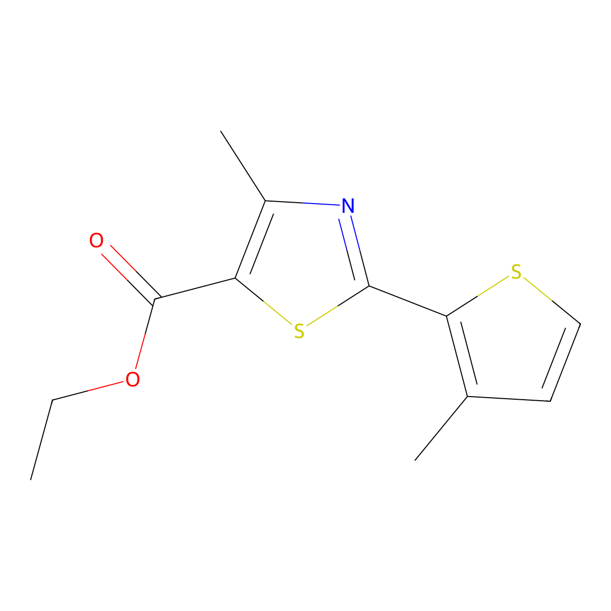 Ethyl 4-methyl-2-(3-methylthiophen-2-yl)-1,3-thiazole-5-carboxylate molecular structure, CAS 1090529-47-7