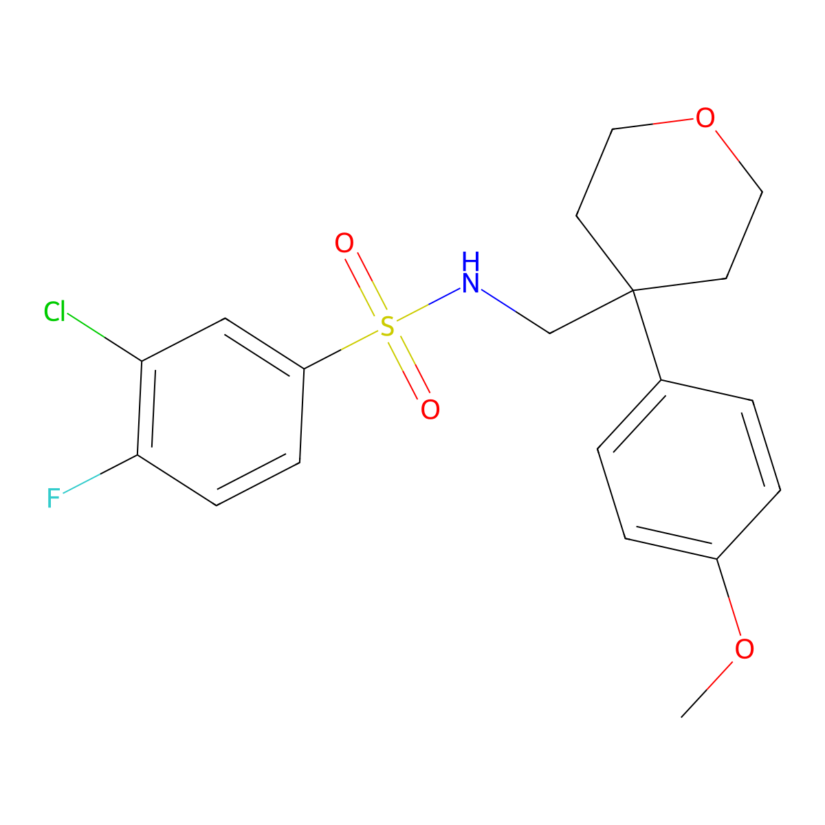 3-chloro-4-fluoro-N-{[4-(4-methoxyphenyl)oxan-4-yl]methyl}benzene-1-sulfonamide molecular structure, CAS 1091006-92-6
