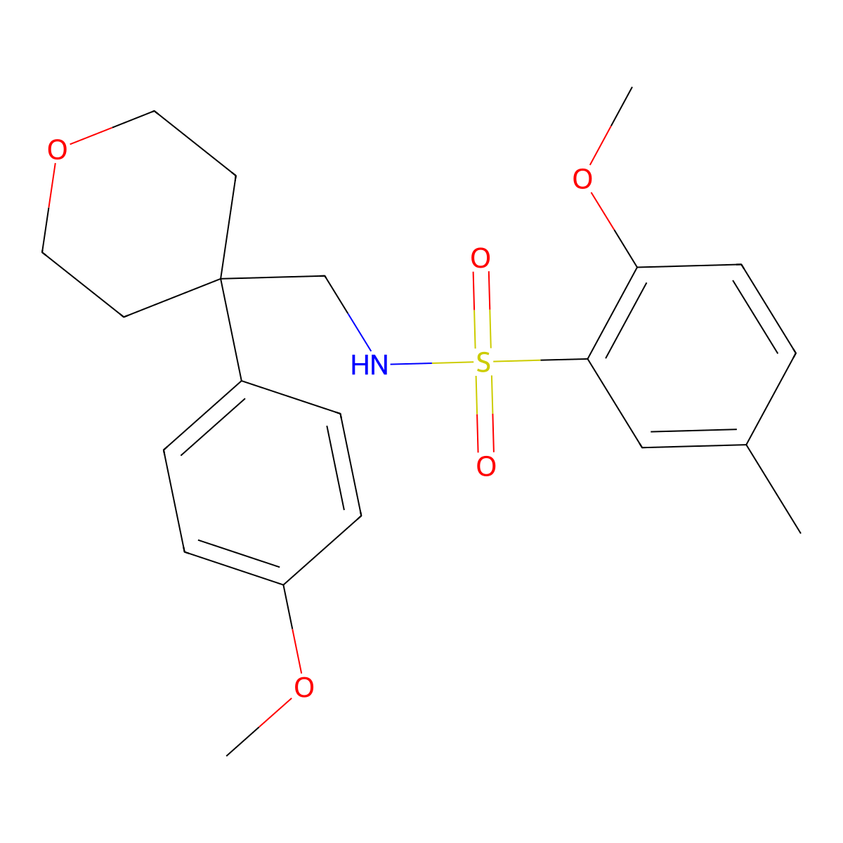2-methoxy-N-((4-(4-methoxyphenyl)tetrahydro-2H-pyran-4-yl)methyl)-5-methylbenzenesulfonamide molecular structure, CAS 1091007-16-7