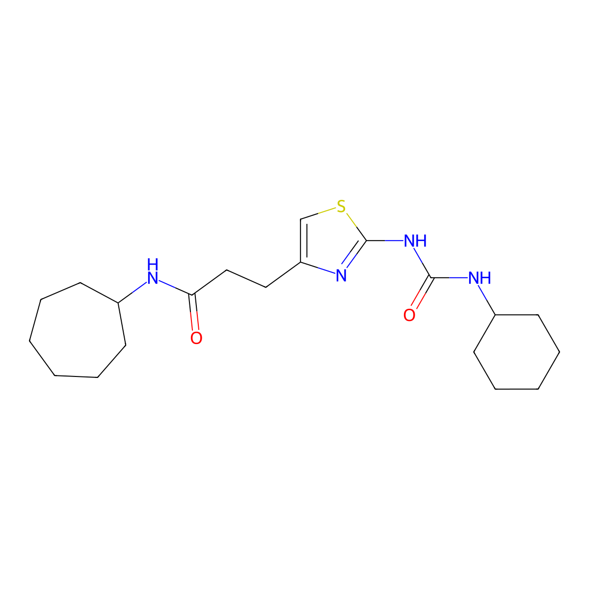 N-cycloheptyl-3-{2-[(cyclohexylcarbamoyl)amino]-1,3-thiazol-4-yl}propanamide molecular structure, CAS 1091021-05-4