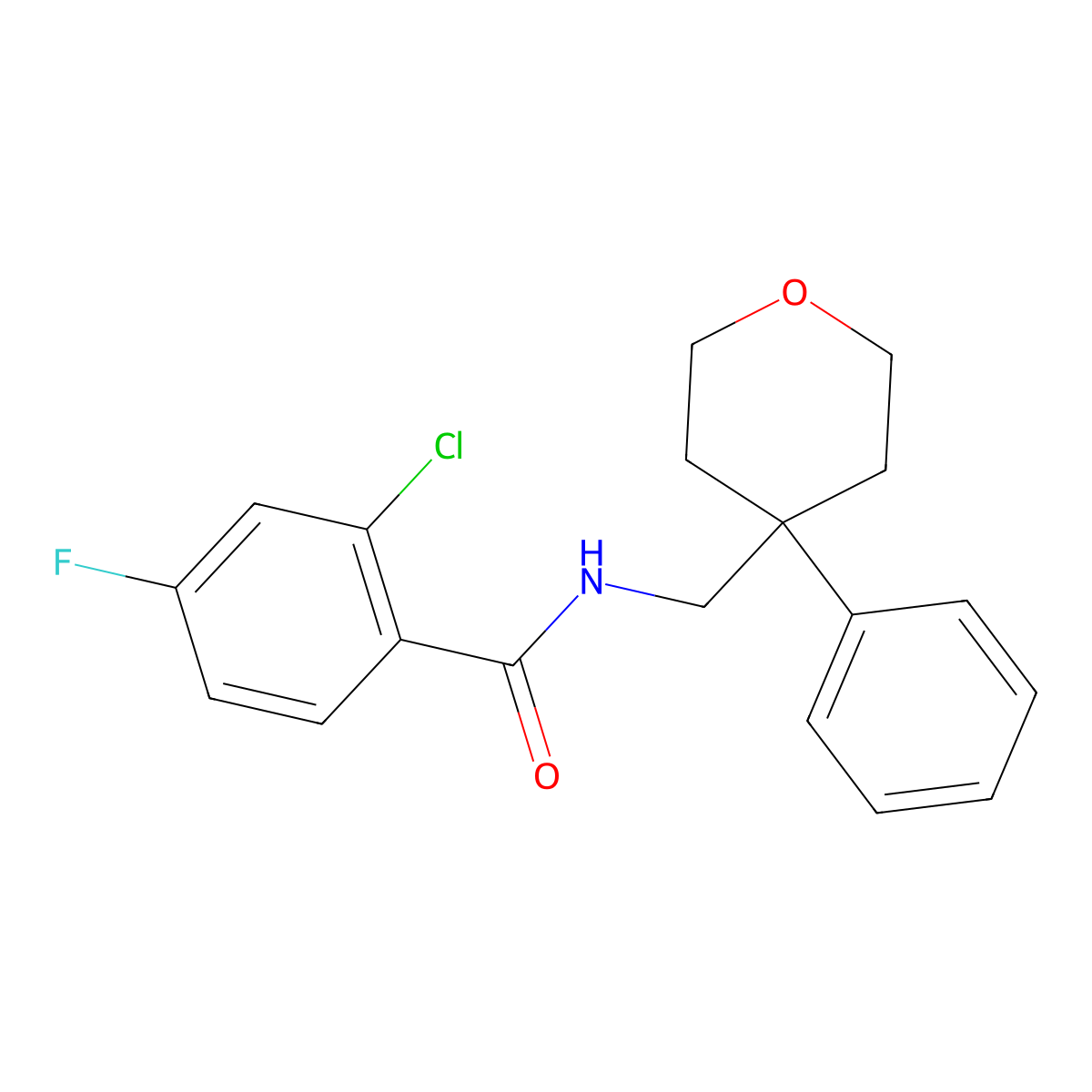 2-chloro-4-fluoro-N-[(4-phenyloxan-4-yl)methyl]benzamide molecular structure, CAS 1091041-24-5
