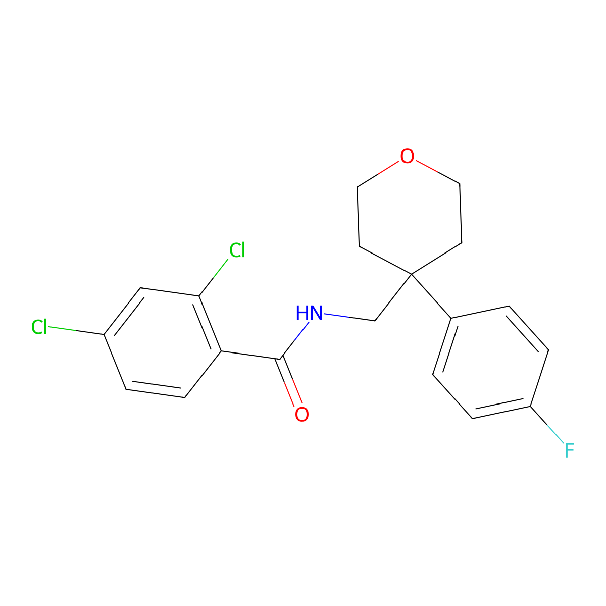 2,4-dichloro-N-{[4-(4-fluorophenyl)oxan-4-yl]methyl}benzamide molecular structure, CAS 1091048-54-2