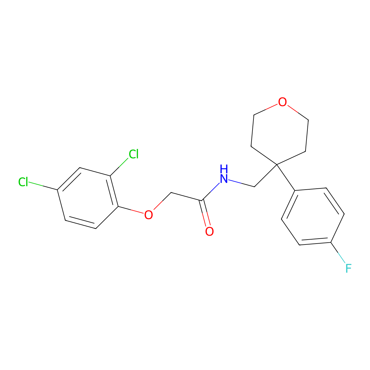 2-(2,4-dichlorophenoxy)-N-{[4-(4-fluorophenyl)oxan-4-yl]methyl}acetamide molecular structure, CAS 1091049-50-1
