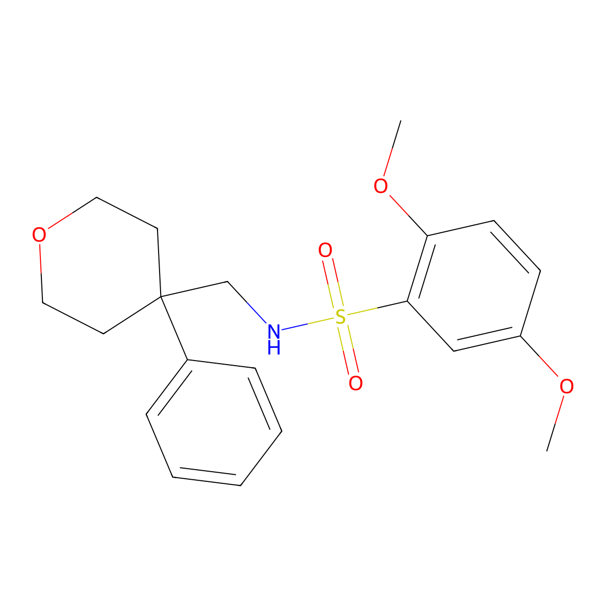 2,5-dimethoxy-N-((4-phenyltetrahydro-2H-pyran-4-yl)methyl)benzenesulfonamide molecular structure, CAS 1091049-90-9