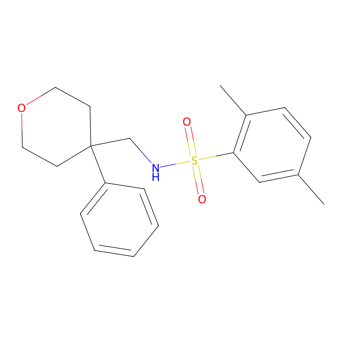 2,5-dimethyl-N-((4-phenyltetrahydro-2H-pyran-4-yl)methyl)benzenesulfonamide molecular structure, CAS 1091050-78-0