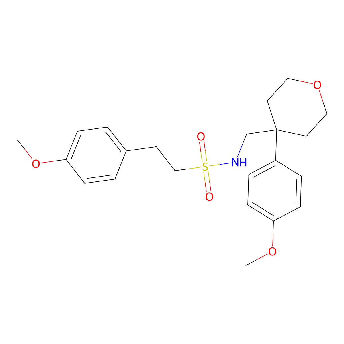 2-(4-methoxyphenyl)-N-((4-(4-methoxyphenyl)tetrahydro-2H-pyran-4-yl)methyl)ethanesulfonamide molecular structure, CAS 1091052-94-6