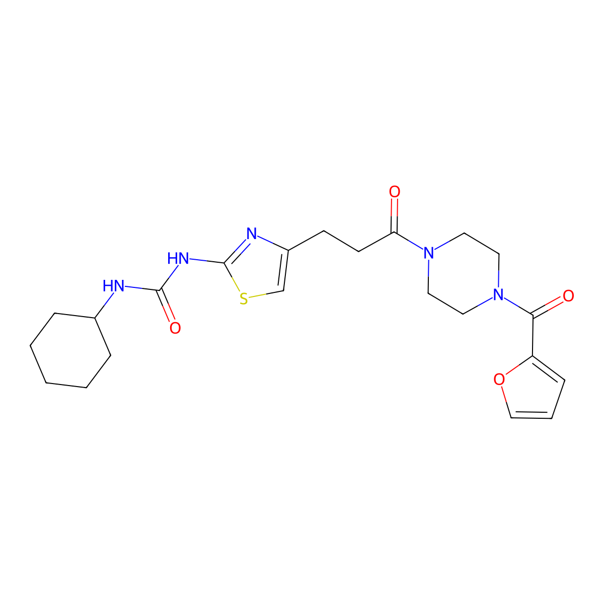 1-Cyclohexyl-3-(4-(3-(4-(furan-2-carbonyl)piperazin-1-yl)-3-oxopropyl)thiazol-2-yl)urea molecular structure, CAS 1091080-98-6
