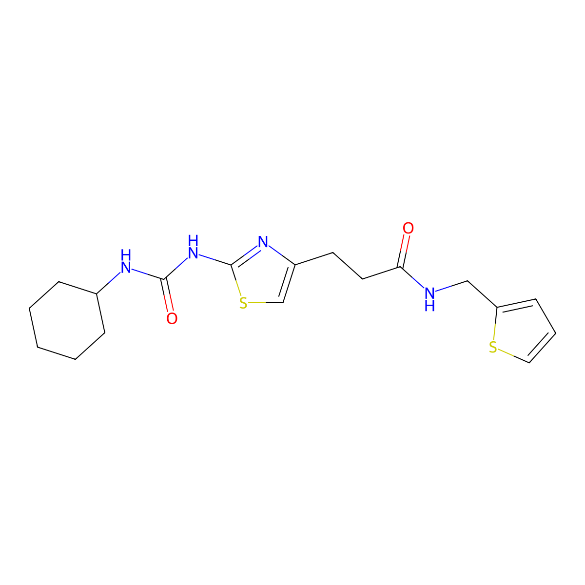 3-{2-[(cyclohexylcarbamoyl)amino]-1,3-thiazol-4-yl}-N-[(thiophen-2-yl)methyl]propanamide molecular structure, CAS 1091081-06-9