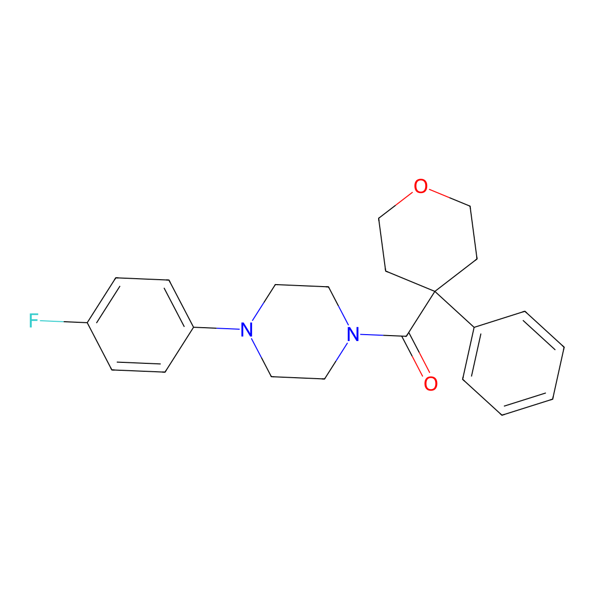 (4-(4-fluorophenyl)piperazin-1-yl)(4-phenyltetrahydro-2H-pyran-4-yl)methanone molecular structure, CAS 1091086-53-1
